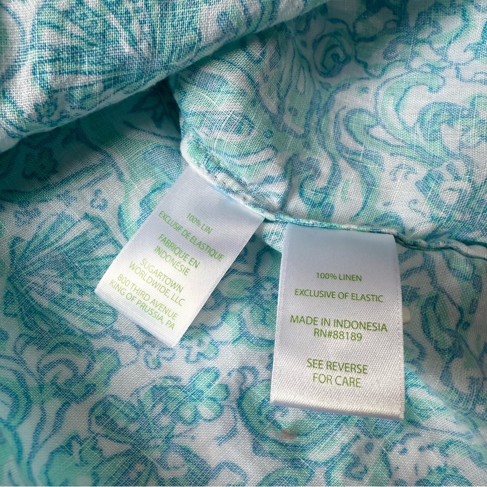 Lilly Pulitzer Linen Tayla Blouse Flutter Sleeve blue and aqua large - Picture 4 of 9